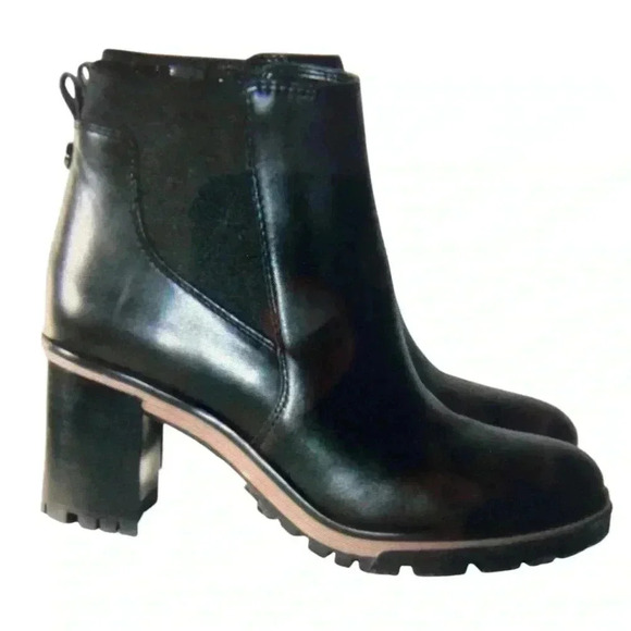 Vince Camuto Dustlie Goth 9M/40 Black Leather Ankle Bootie Chunky Heels Zip - Picture 1 of 9